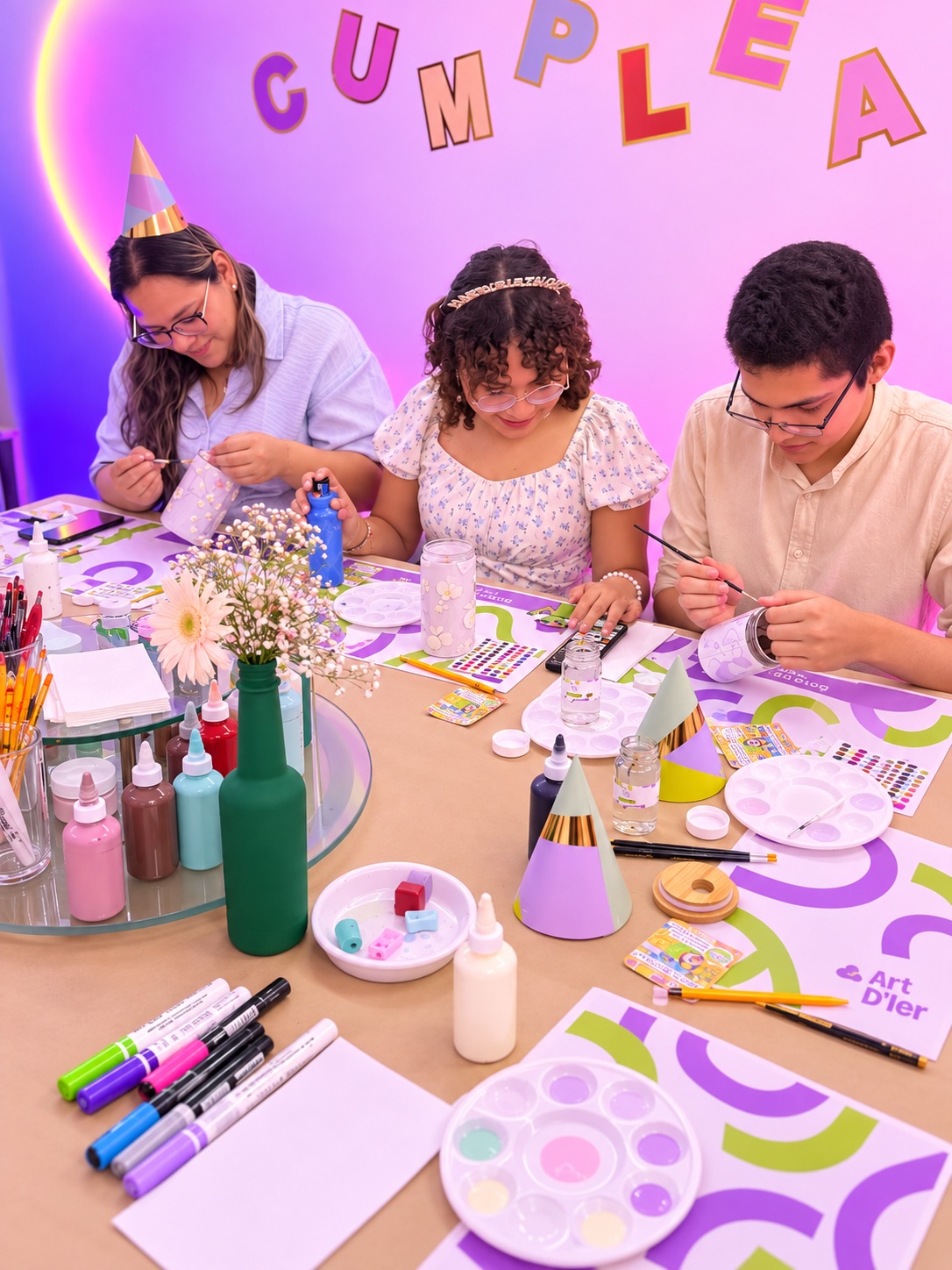 Tres invitados pintando piezas durante una celebración en Art D'ler