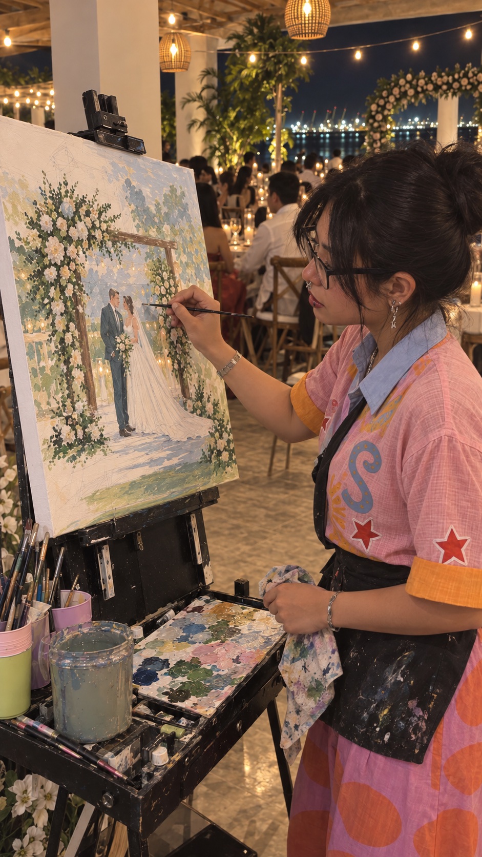 Artista de Art D'ler pintando en vivo durante una boda