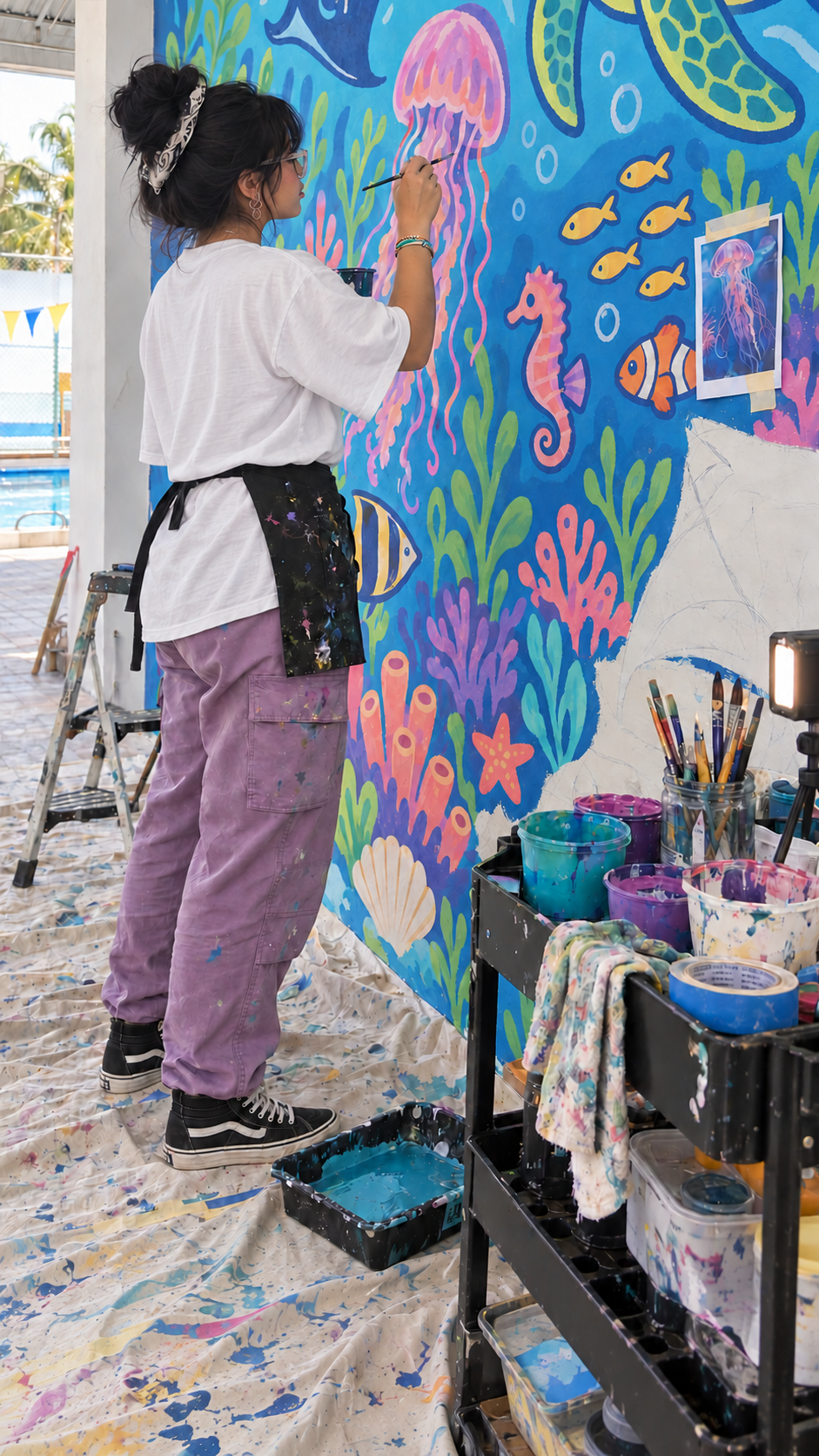 Artista pintando un mural marino lleno de color